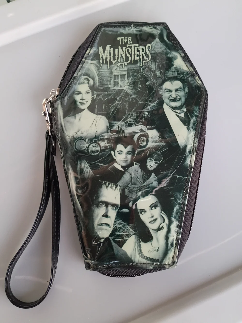 Rock Rebel The Munsters family collage coffin-shaped leather zip-around wallet